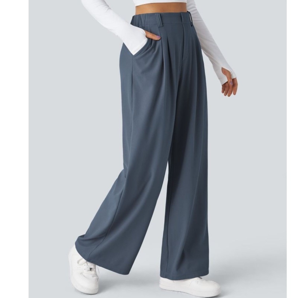 NWT Halara Flex High Waisted Pleated Wide Leg Waffle Work Pants Blue Size S - Picture 8 of 12